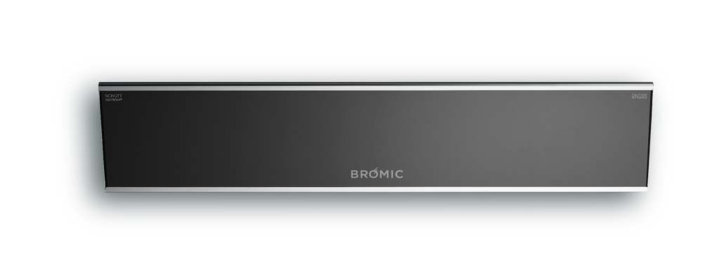 Bromic Platinum Smart-Heat Electric patio heater mounted over an outdoor seating area