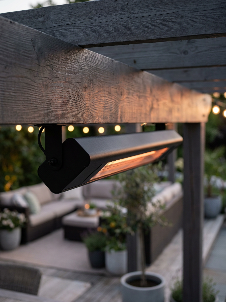 Electric infrared patio heater under pergola at dusk