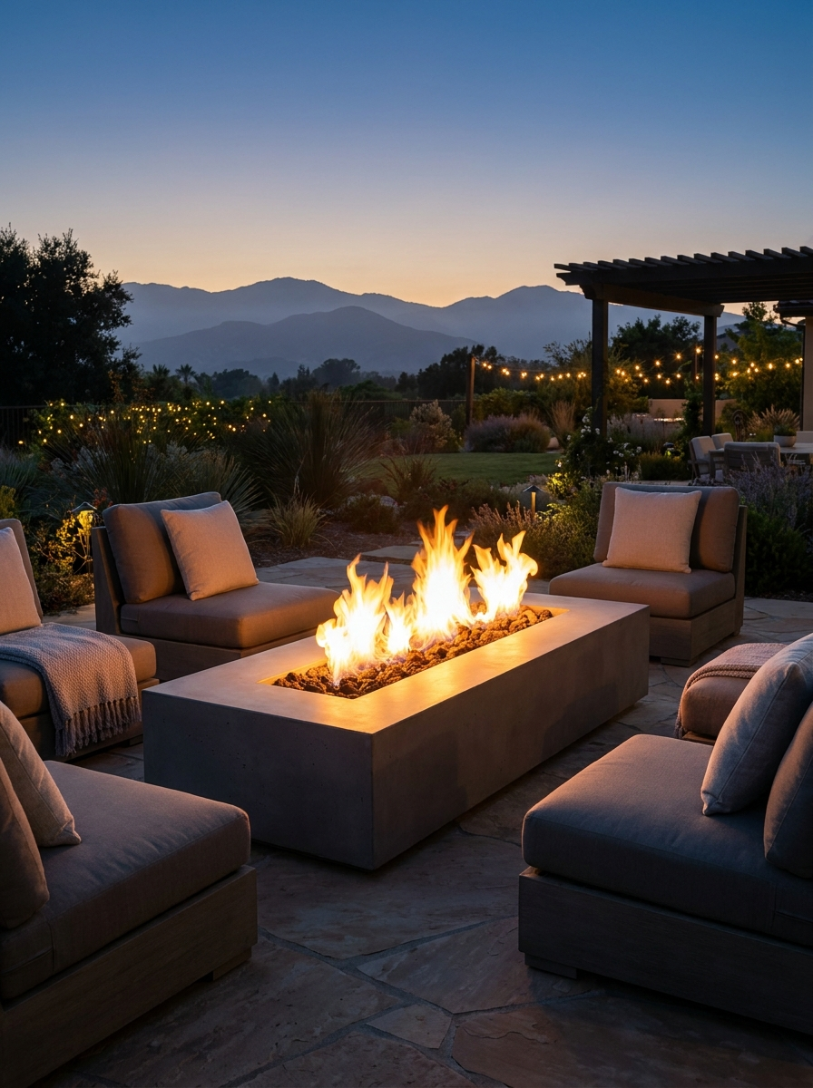 Concrete gas fire table at dusk