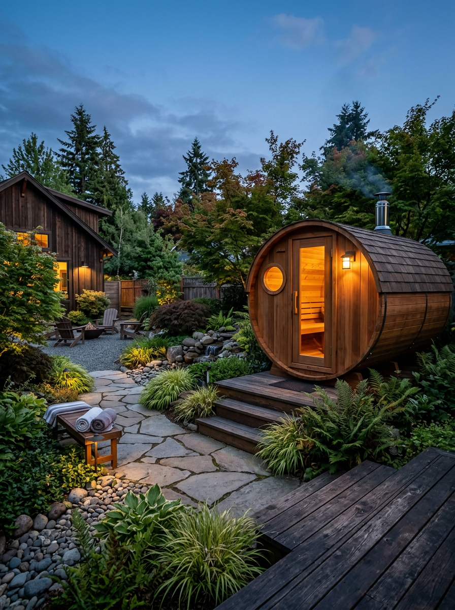Cedar barrel sauna in backyard at dusk