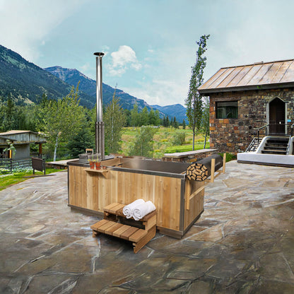 The Starlight Wood Burning Hot Tub with white cedar skirting