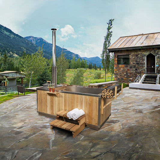 The Starlight Wood Burning Hot Tub with white cedar skirting