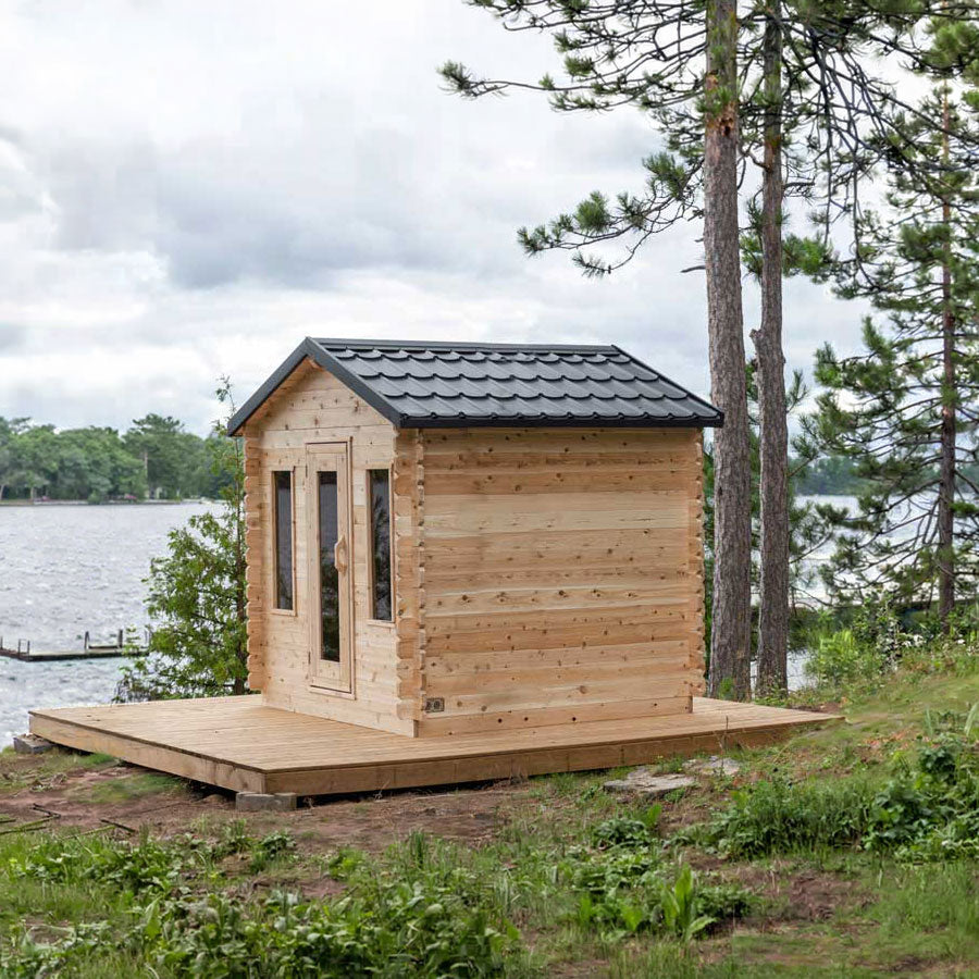 Canadian Timber Cabin Sauna with metal shingle roof