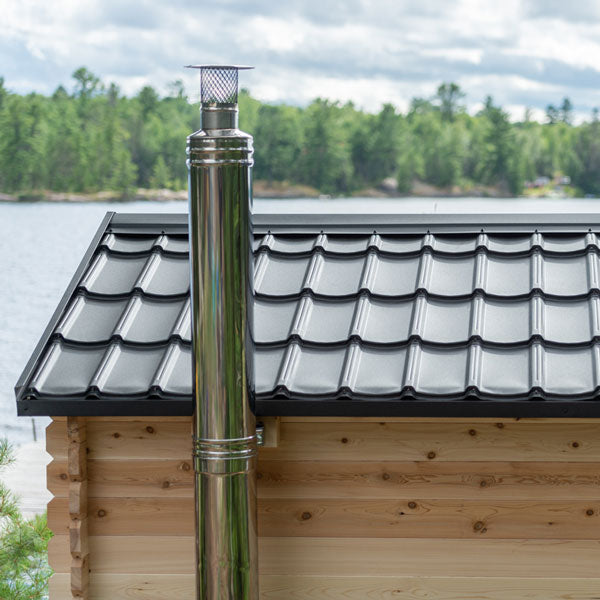 Cabin sauna metal shingle roof detail