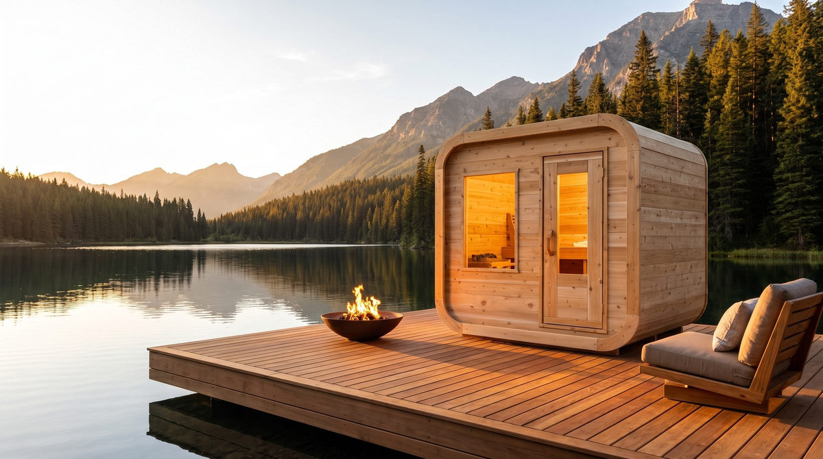 Canadian Timber Luna Sauna on a lakeside cedar deck at golden hour