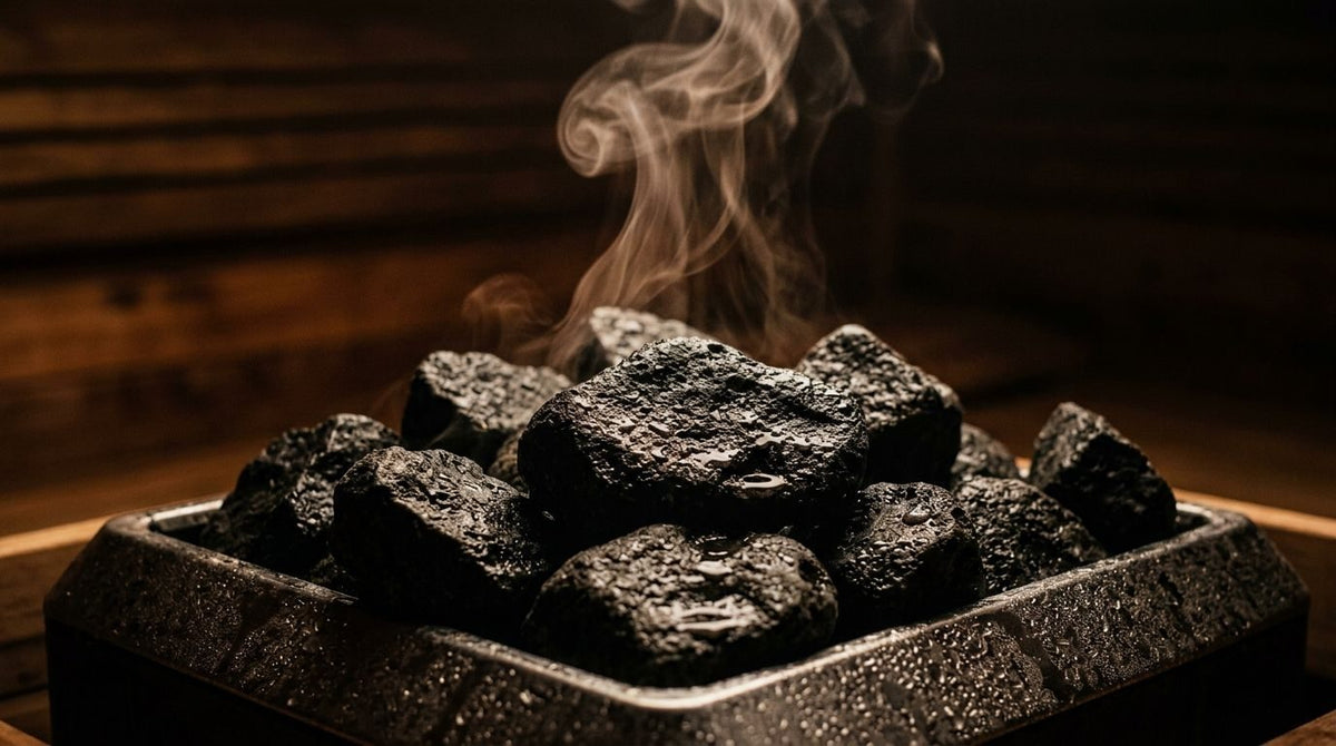 Black sauna stones on a heater with steam