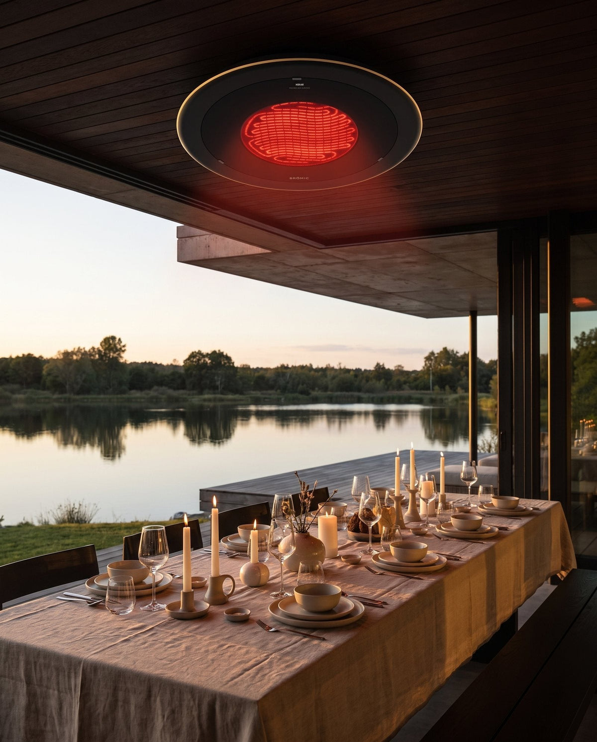 Bromic Eclipse Smart-Heat electric pendant heater hanging over outdoor seating