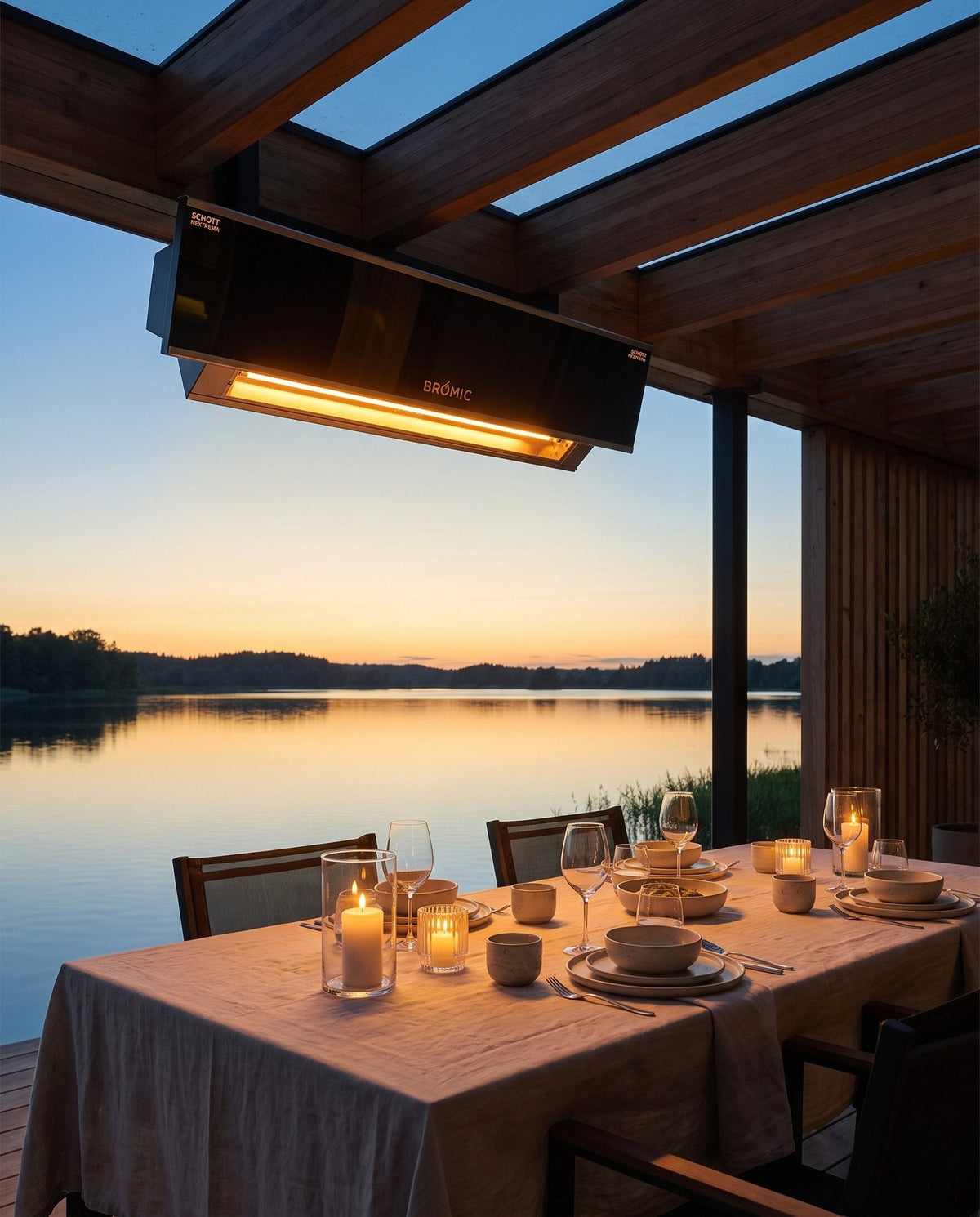 Bromic Platinum Smart-Heat electric patio heater in black over a covered patio