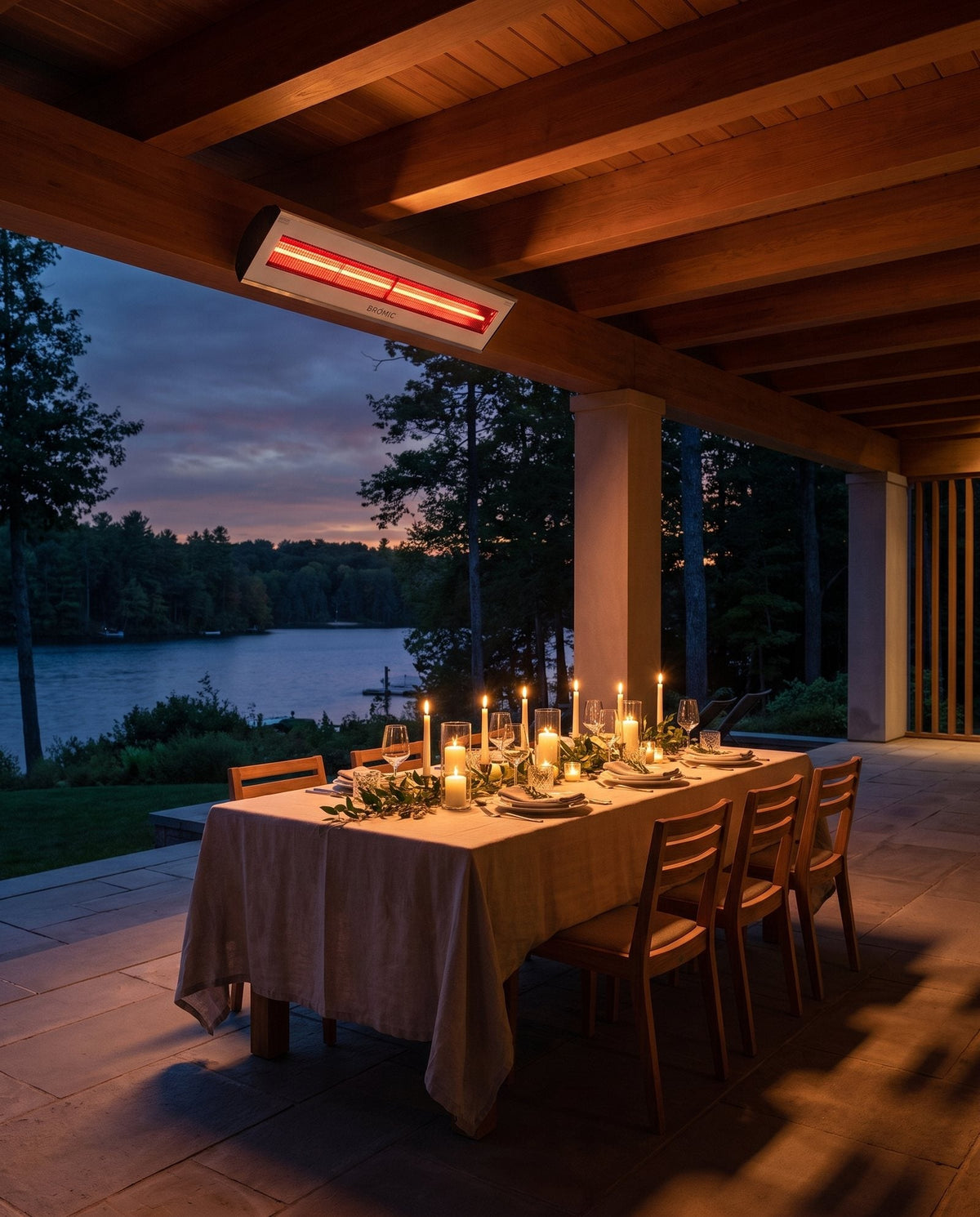 Bromic Platinum Smart-Heat electric patio heater in white over a covered patio