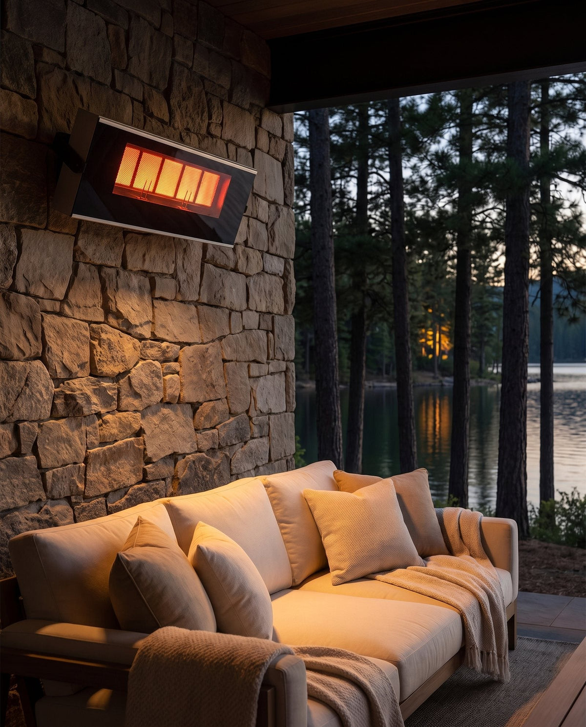 Bromic Platinum Smart-Heat gas patio heater mounted over an outdoor seating area
