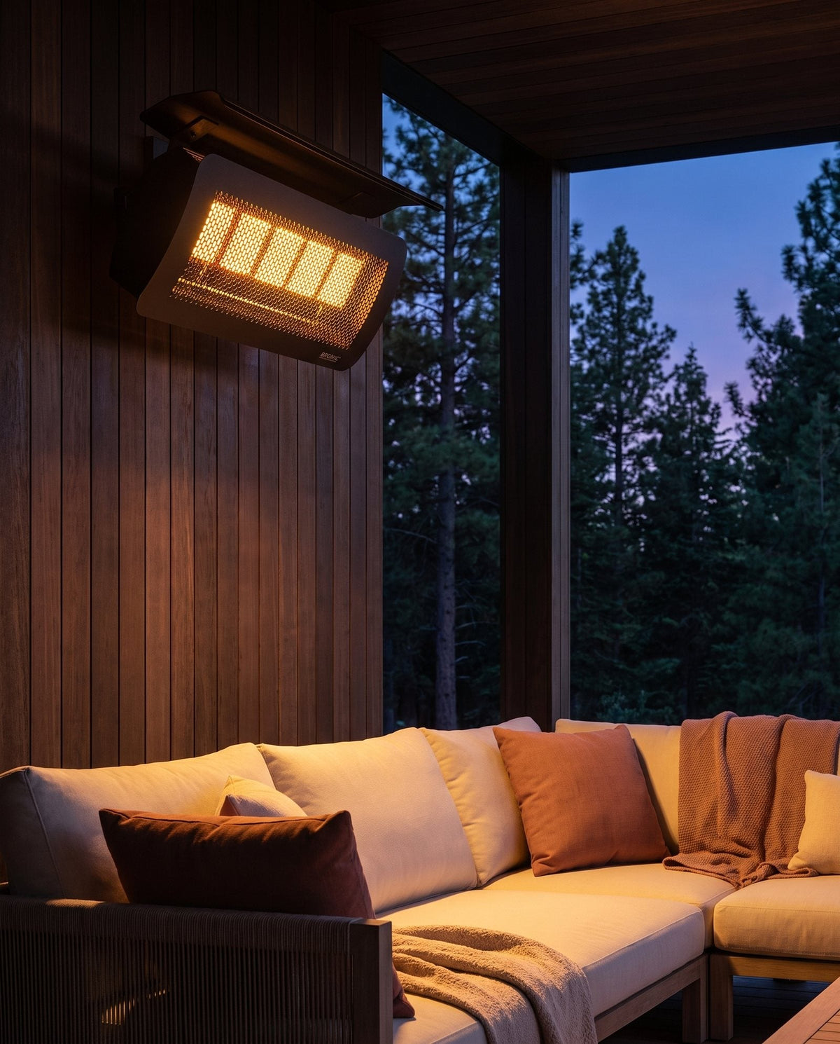 Bromic Tungsten Smart-Heat gas patio heater mounted over an outdoor seating area