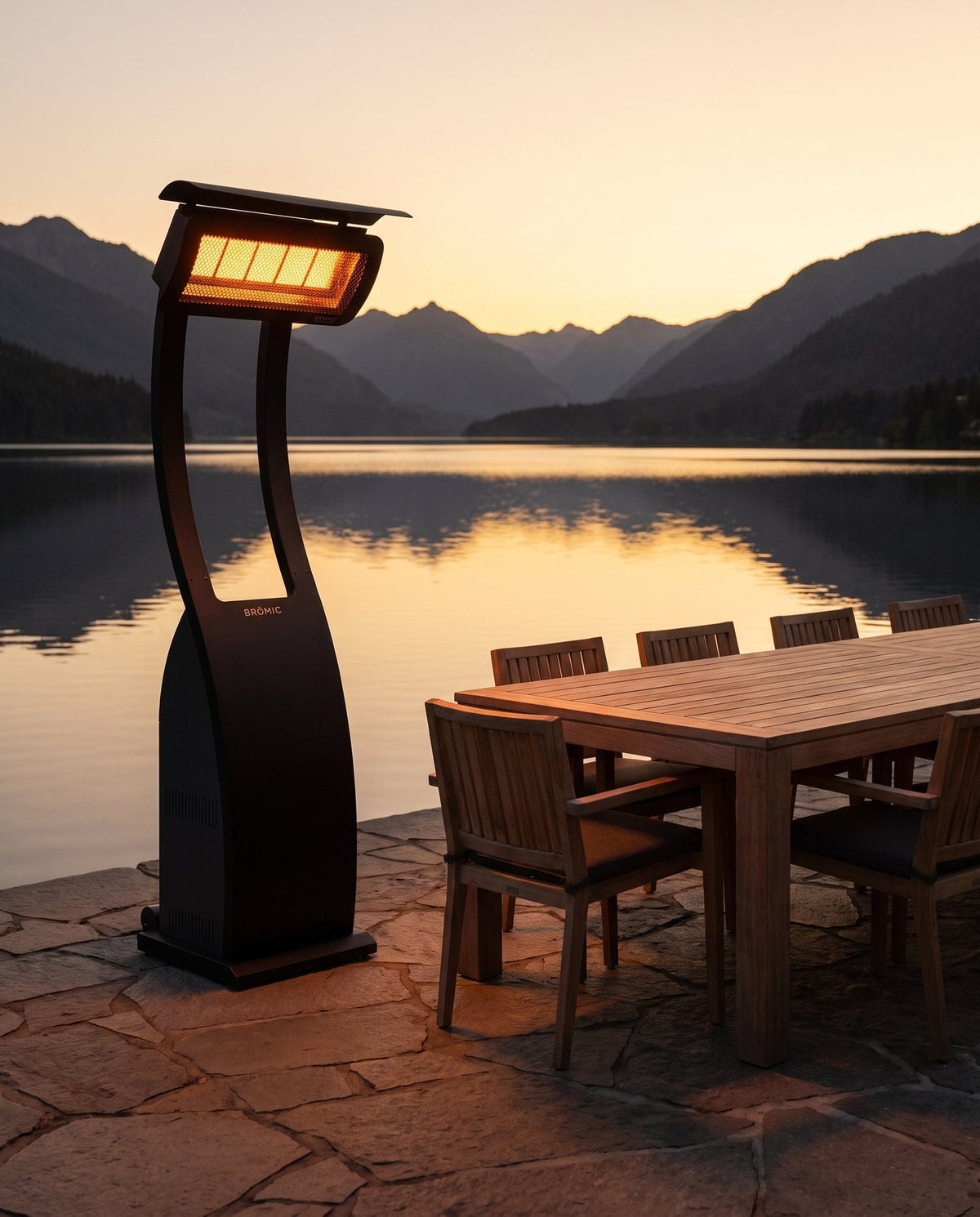 Bromic Tungsten Smart-Heat portable propane patio heater on an outdoor terrace