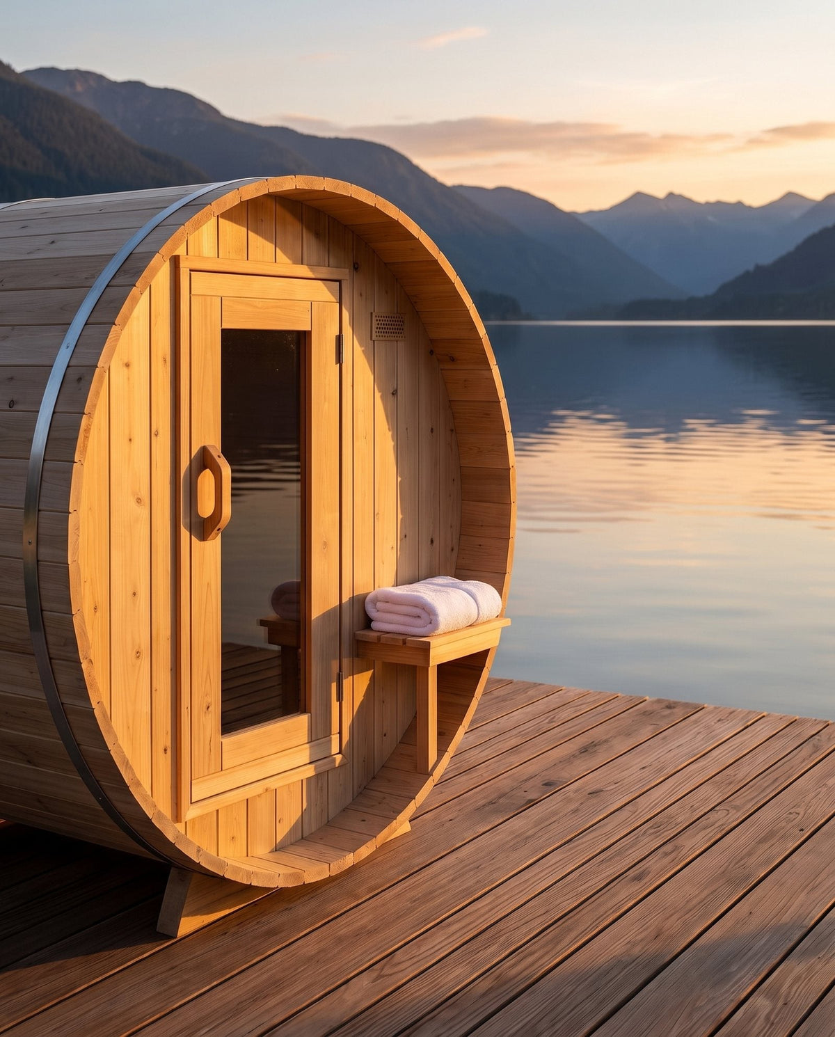 Canadian Timber cedar barrel sauna (Harmony, Serenity, Tranquility) in a styled backyard setting