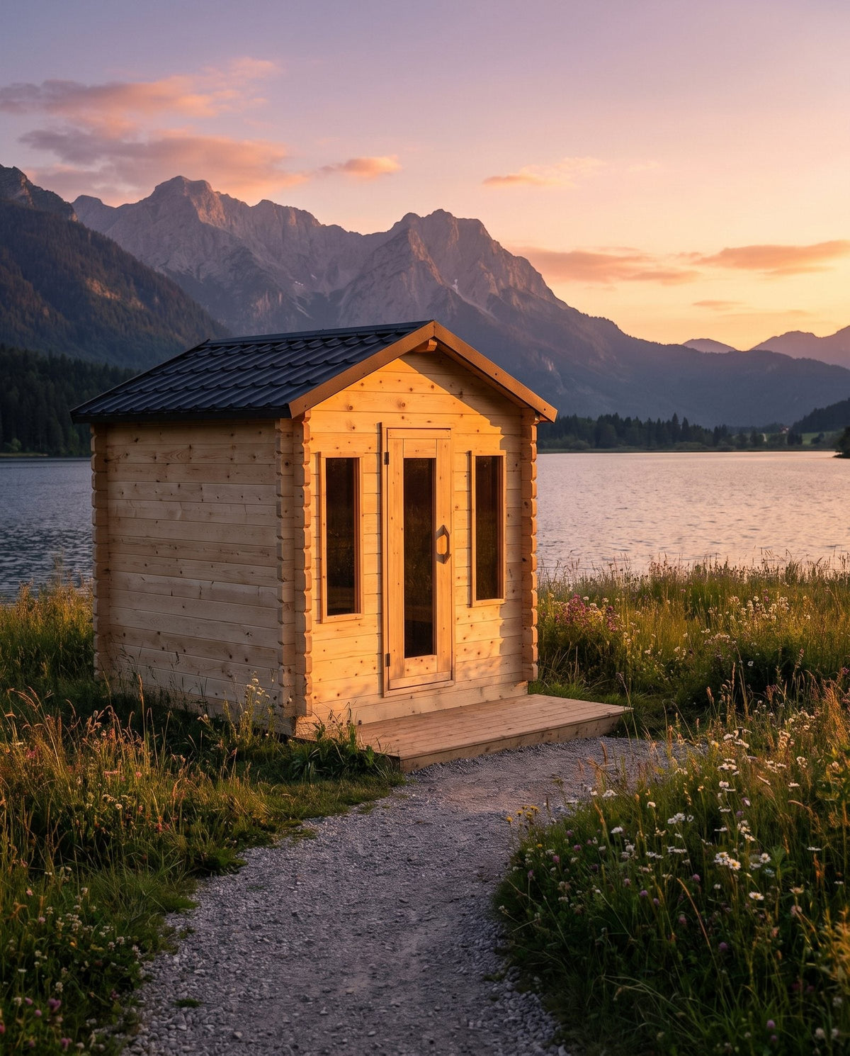 Canadian Timber cedar cabin sauna (Granby, Palmer, Georgian) in a styled backyard setting