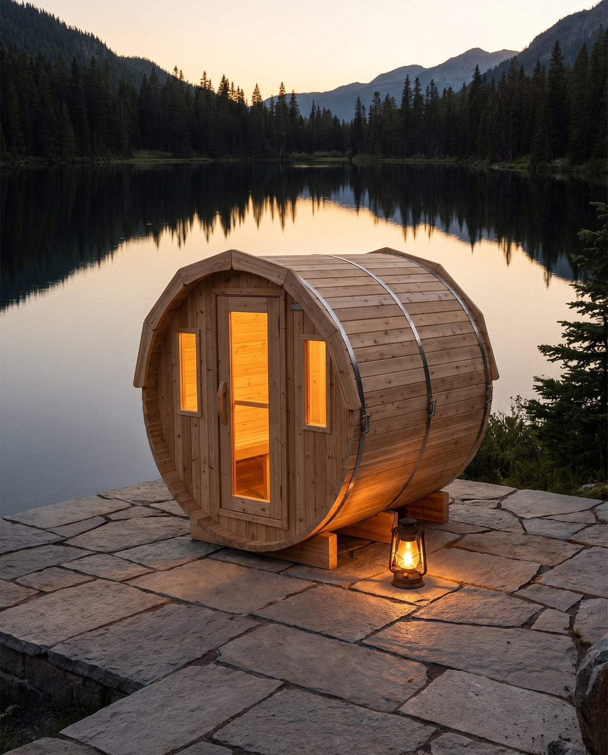 Canadian Timber Elation cedar barrel sauna with panoramic rear window in a styled outdoor setting