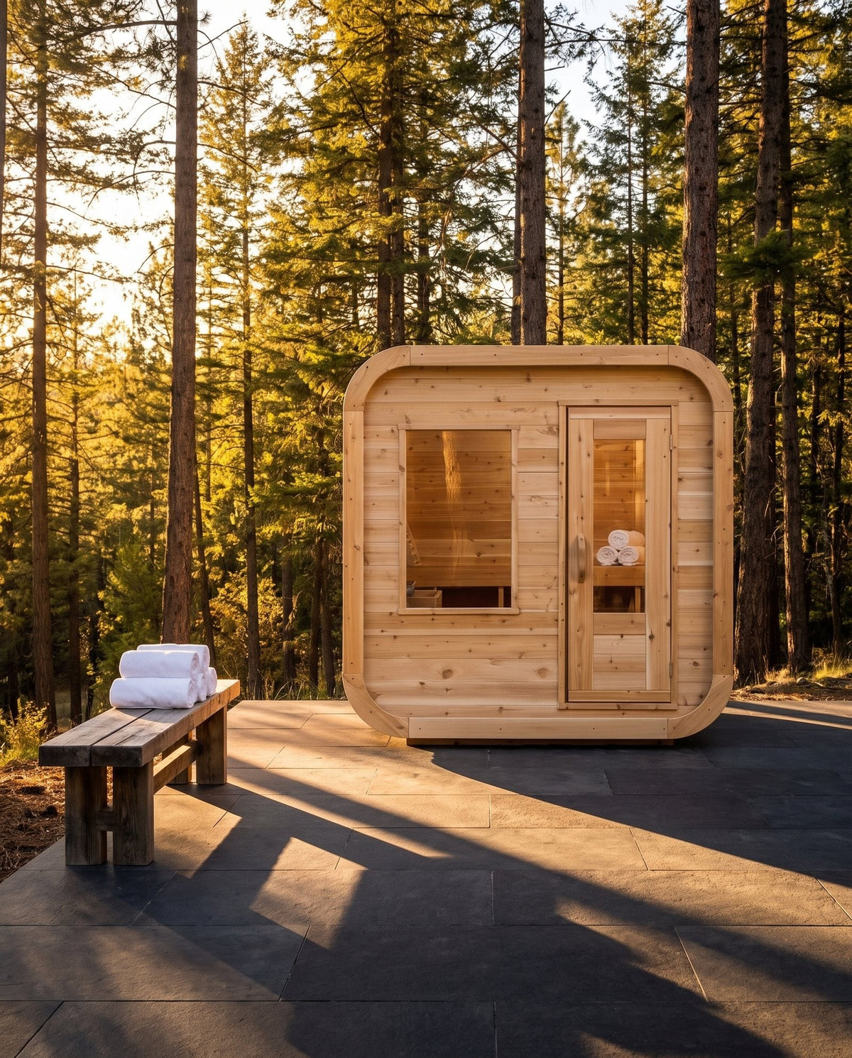 Canadian Timber Luna cedar sauna with full-height glass front in a styled backyard setting