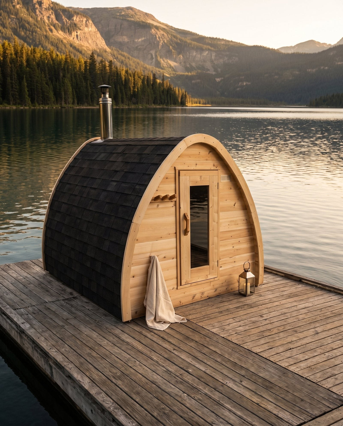 Canadian Timber MiniPOD four-person cedar sauna in a styled backyard setting