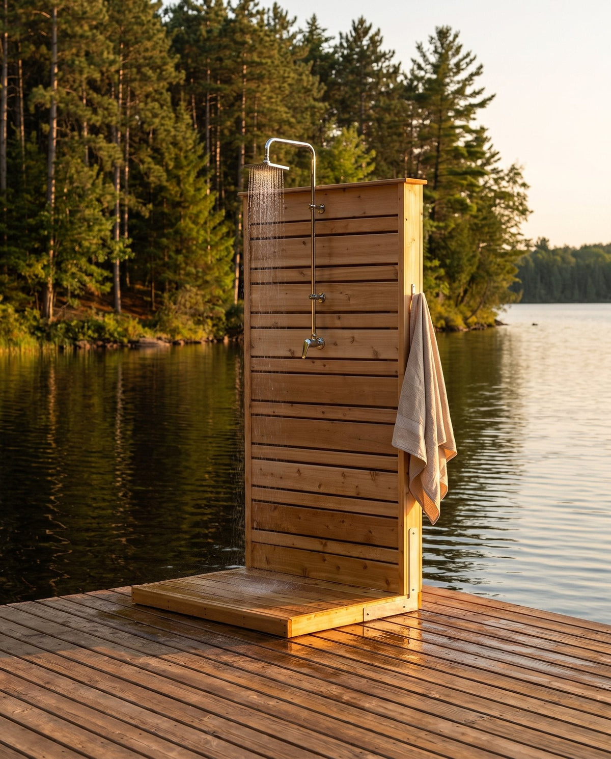 Canadian Timber Savannah cedar outdoor shower in a styled garden setting