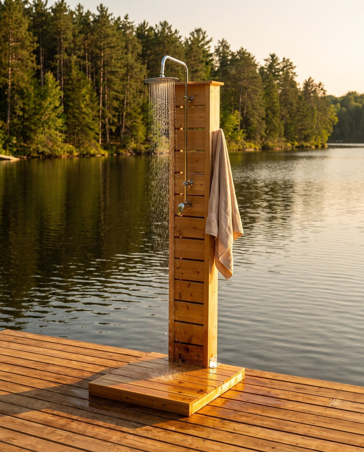 Canadian Timber Sierra cedar outdoor shower in a styled garden setting