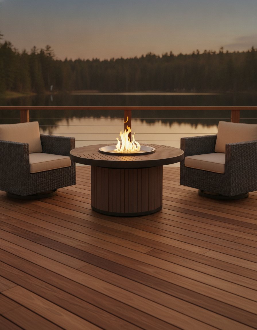 Outdoor GreatRoom Kenwood chat-height gas fire pit table lit on an outdoor patio