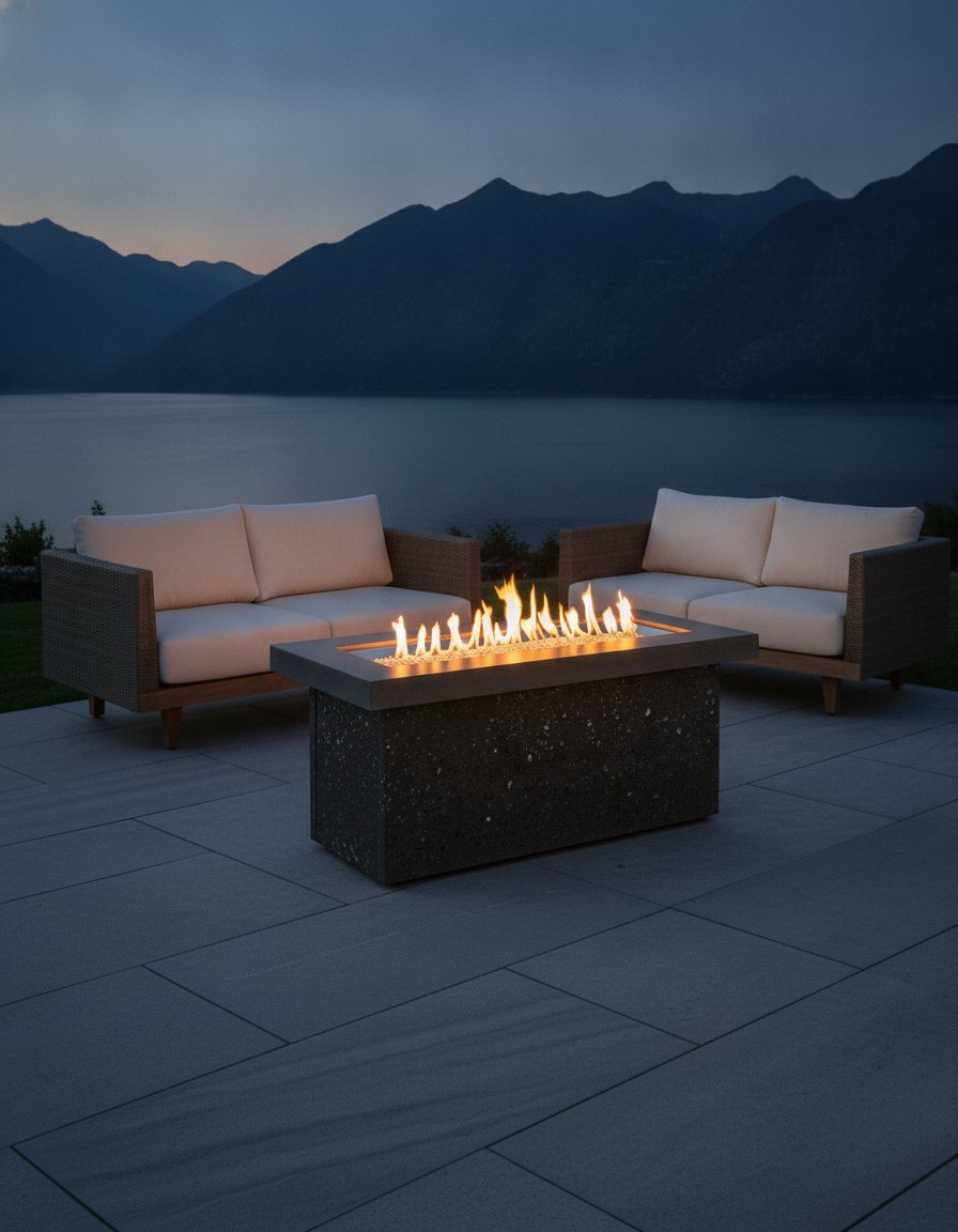 Outdoor GreatRoom Key Largo linear fire table in Midnight Mist lit on an outdoor patio