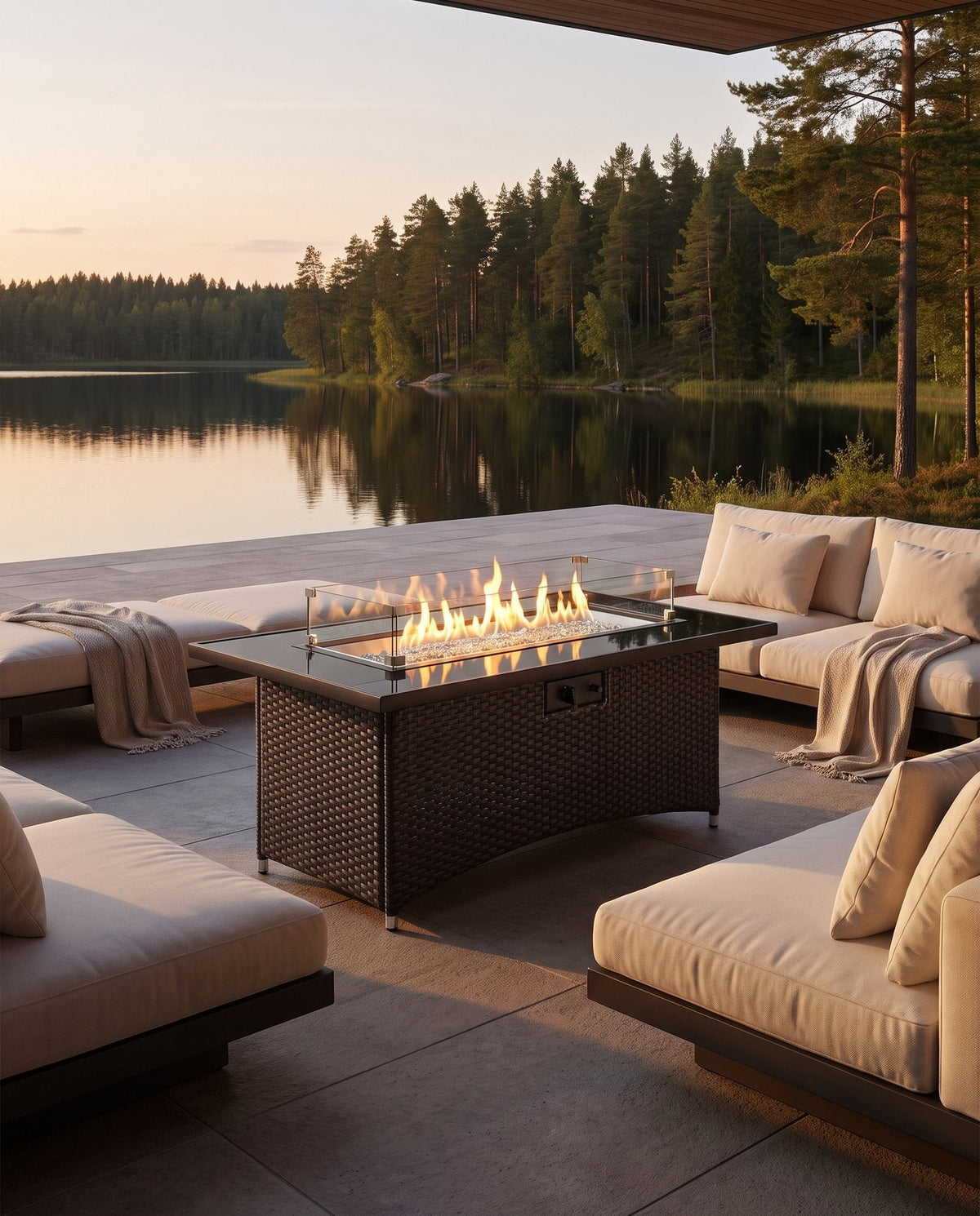 Outdoor GreatRoom Montego wicker-look linear gas fire table on an outdoor patio