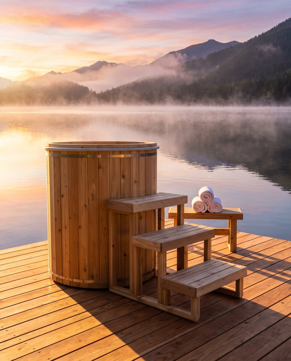 The Baltic compact cedar cold plunge tub on an outdoor patio