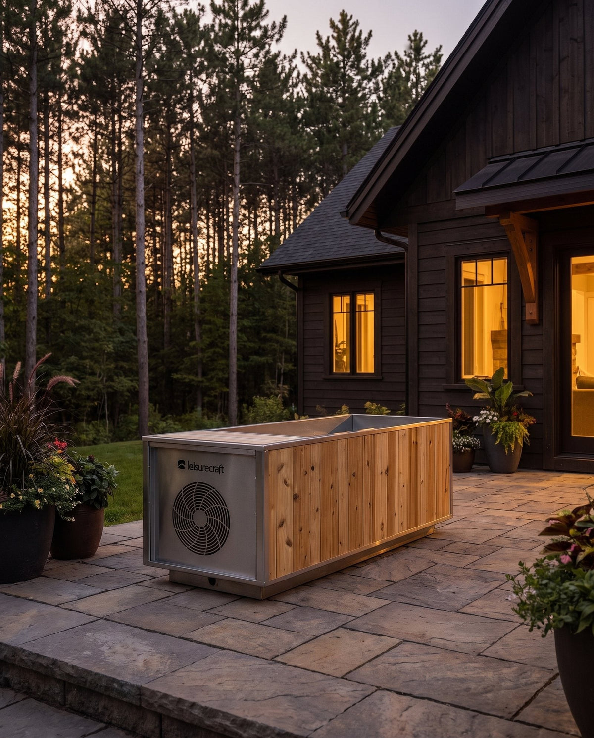 The Flow cedar cold plunge tub with concealed chiller on an outdoor patio