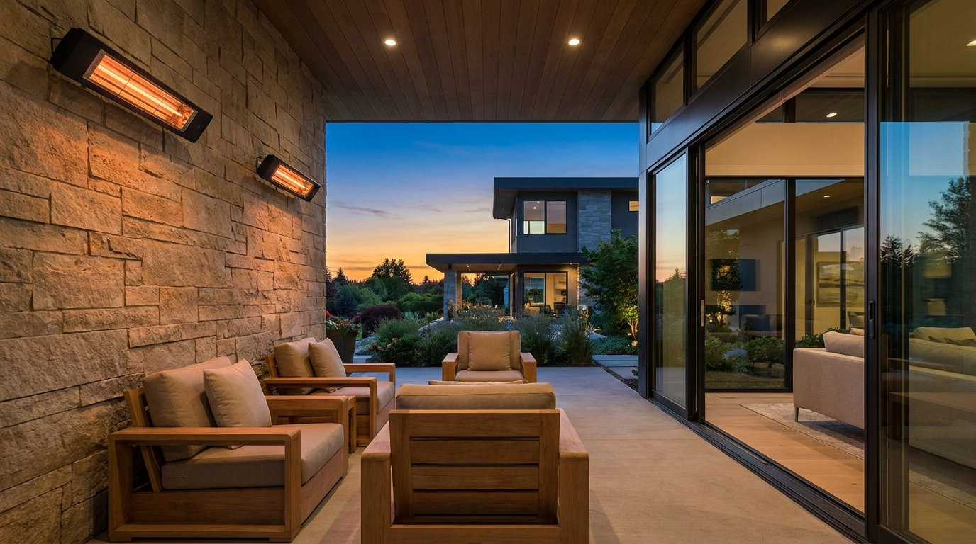 Covered luxury patio at dusk heated by Infratech infrared heaters