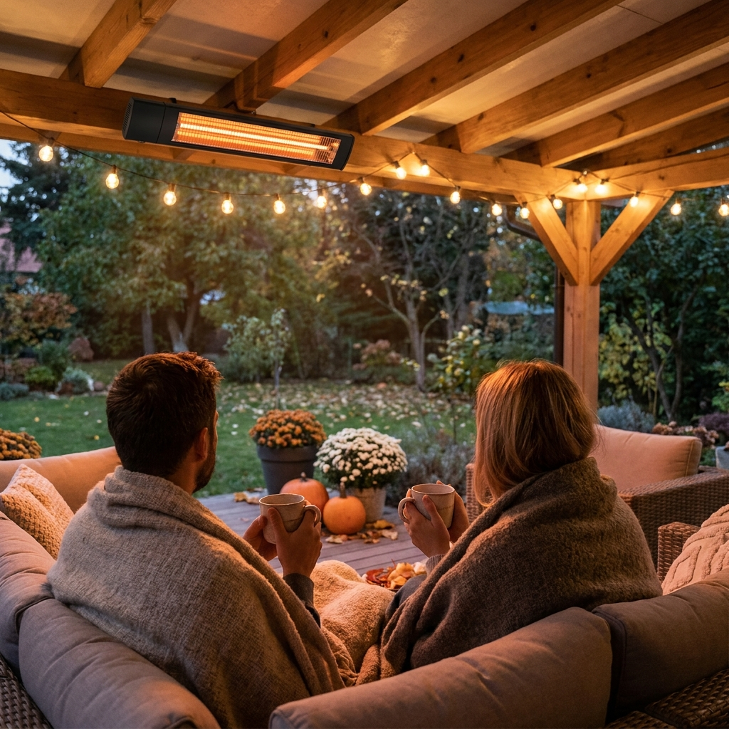 Couple relaxing on covered patio under infrared heater at dusk