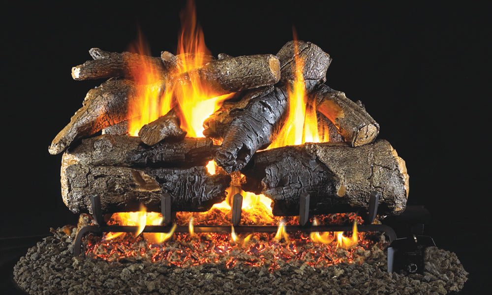 Real Fyre Charred American Oak gas logs burning